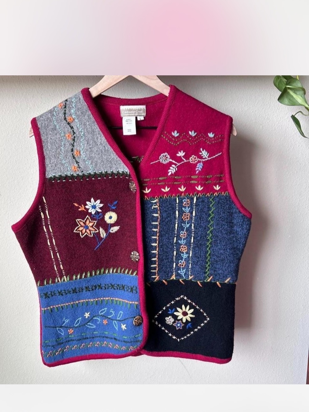 Vintage Grandmacore Cottagecore Whimsical 100% Wool Embroidered Patchwork Vest
